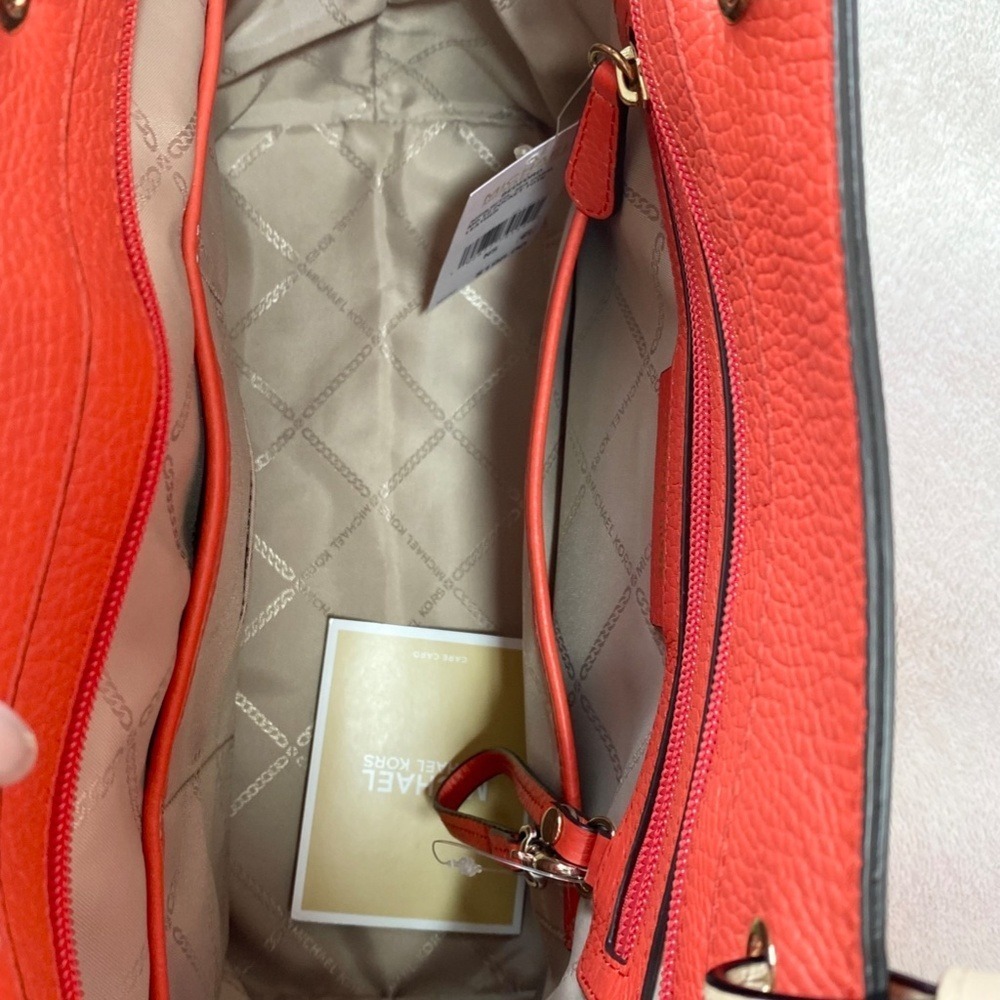 Michael Kors Tote Bedford Pebbled Leather Pocket, Womens Medium Coral-Red - Picture 7 of 9